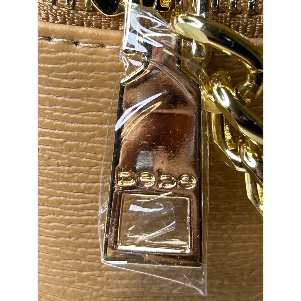 Bebe Logo Mini Backpack Tan Faux Leather‎ Gold Chain Zip Front Pocket Women